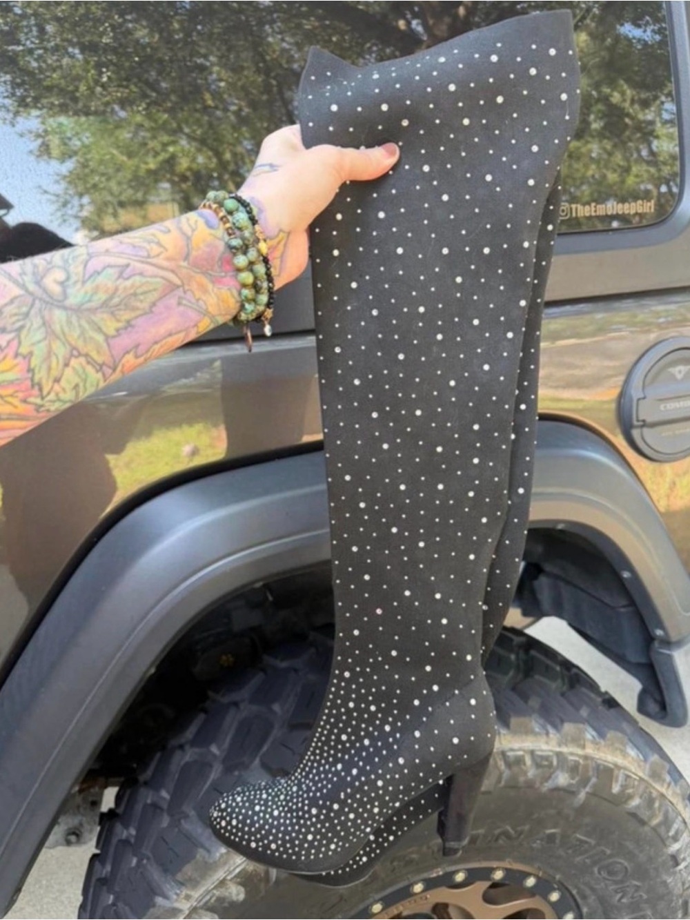 Black Over-the-Knee Rhinestone Stiletto Boots - Women